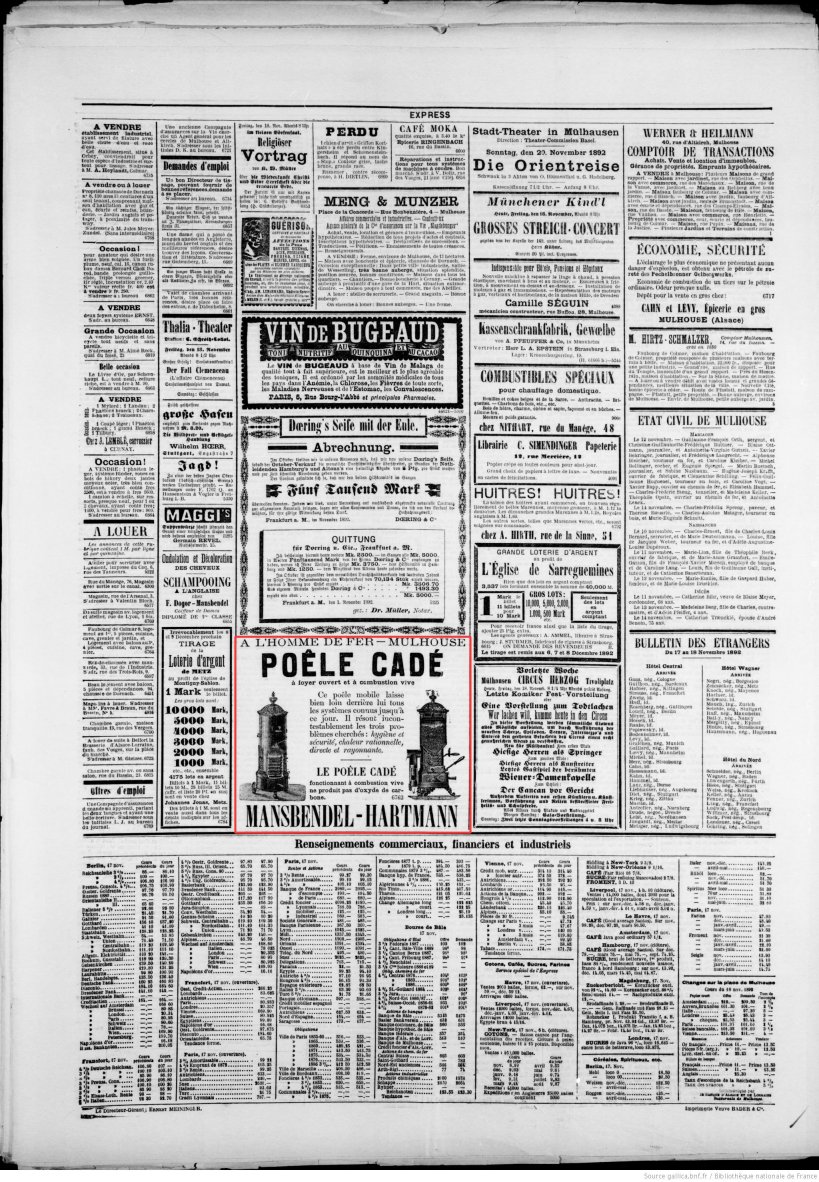 Journal L'Express de Mulhouse du 18 novembre 1892 (p.4) : poêle Cadé à foyer ouvert et à combustion vive.